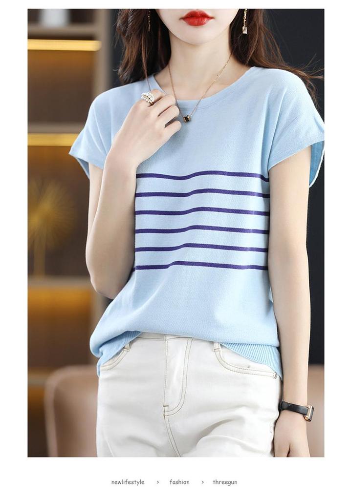 Women's Spring 2024 Cotton Striped Knitwear T-Shirt - Short Sleeve, Round Neck