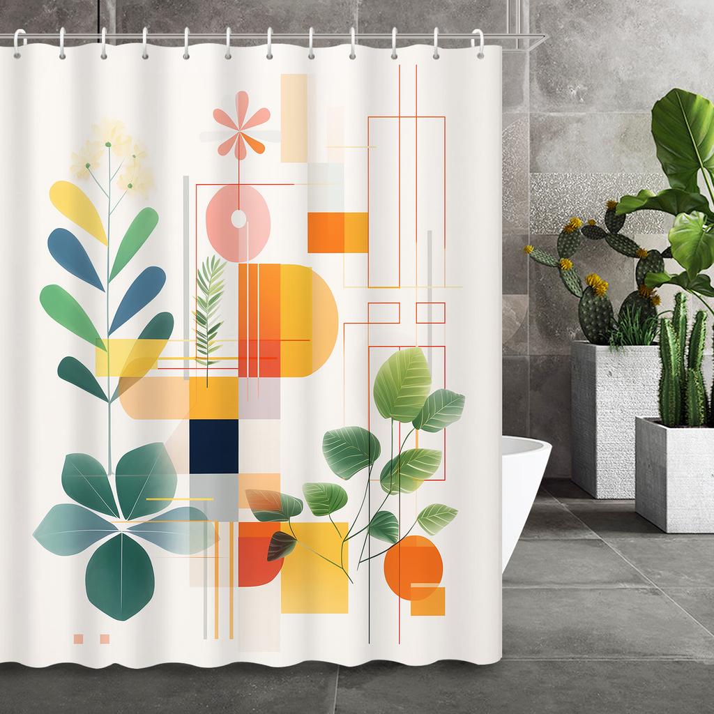 Abstract Geometric Floral Leaf Shower Curtain with Hooks - Vibrant Color Blocks, Machine Washable Bathroom Decor