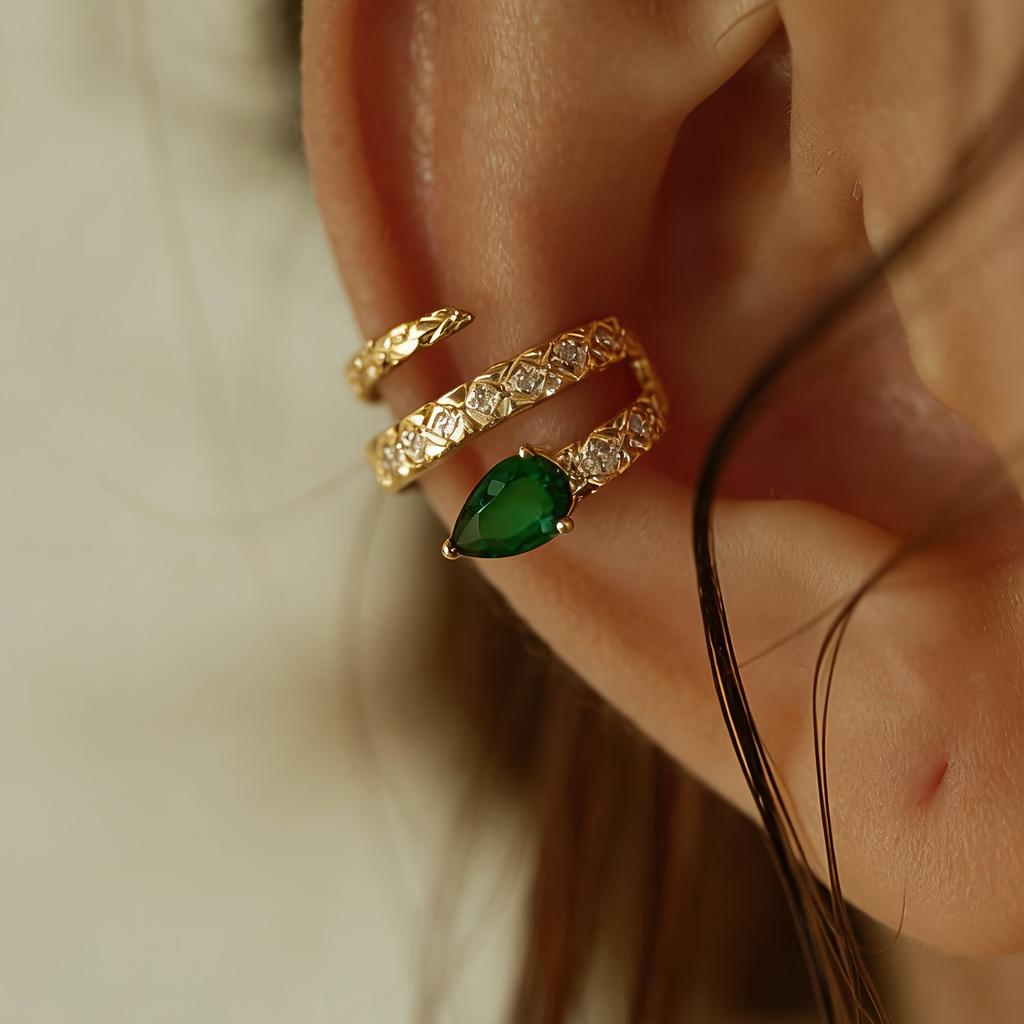 1pc Dark Green Snake Ear Cuff, Micro-paved Synthetic Cubic Zirconia, Trendy Ear Clip for Teenager