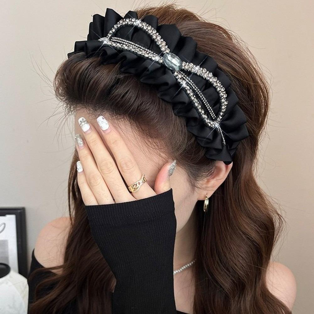 Rhinestone Black Hairband Cloth Wrinkle Headband Luxury Women Hair Hoop  Daily