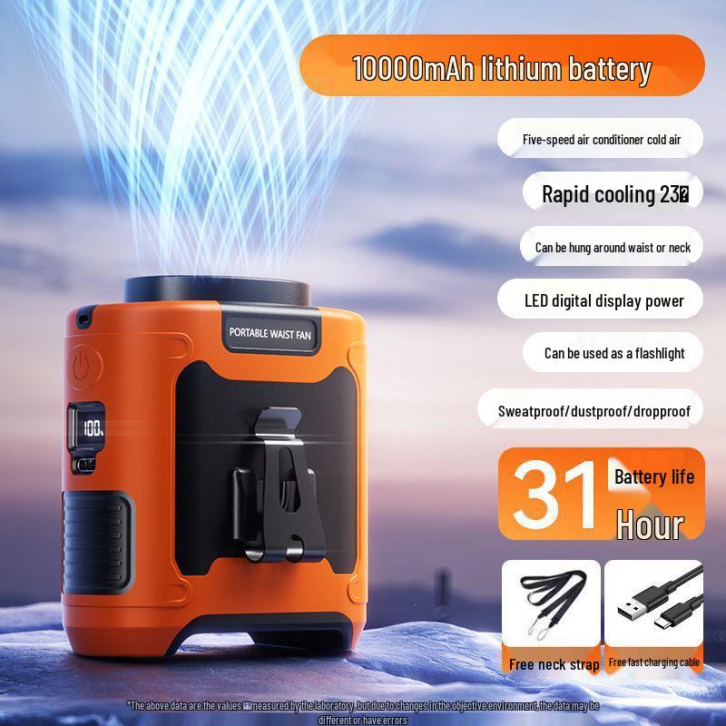 Portable Double Capacity Waist Fan for Outdoor and Camping - High Wind Power USB Rechargeable