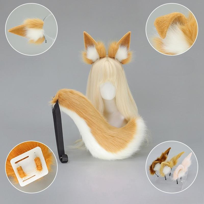 Plush Fox Ears Hairbands Furry Tail Animal Beast Ear Wolf Tail Cat Ear Headband Hair Accessories Halloween Cosplay Costume Props