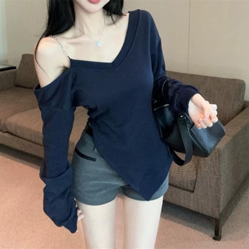 

Irregular Split Oblique Shoulder Long Sleeve Top M темно-синий