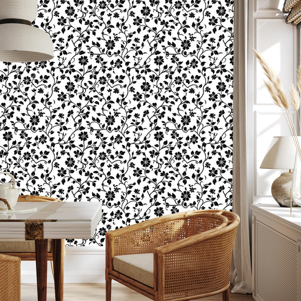 Wallpaper Black and White Flowers White and Gray for Living Room and Bedroom 50x1000