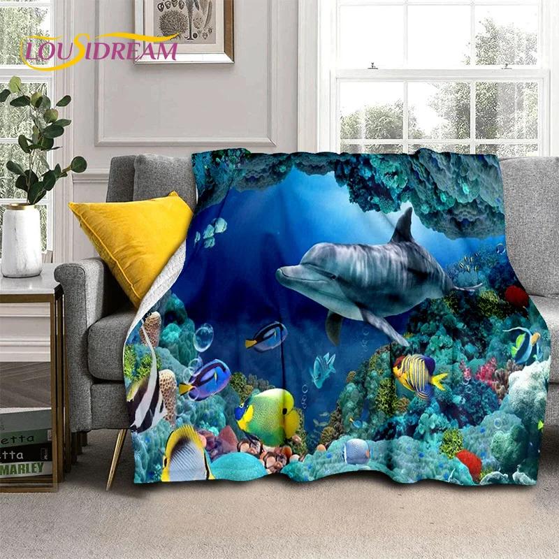 Underwater World 3D Illusion Seabed Cartoon Shark Dolphin Blanket,Soft Throw Blanket for Home Bedroom Bed Sofa Travel Cover Kids