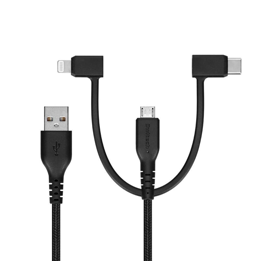 Owltech Ultra-Tough 3-in-1 Charging Cable 2m USB-A to Micro USB, Lightning, Type-C, MFi Certified 2.4A Fast Charging 480Mbps Data Sync Black