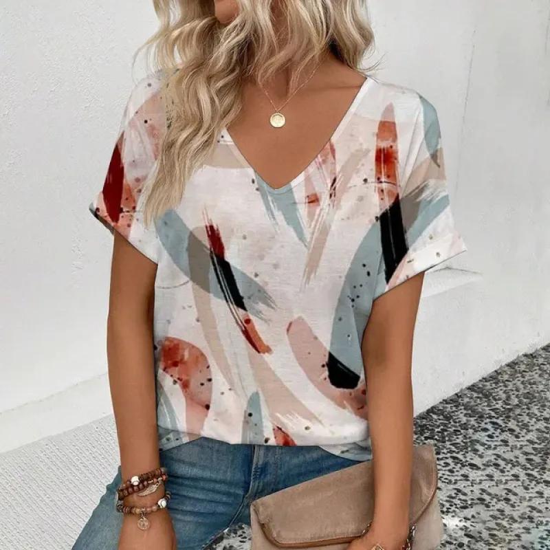 Women's V-neck T-shirt Fashion Fragmented Flowers Pattern T-shirt Comfortable Leisure Elegant Short Sleeved Women's T-shirt