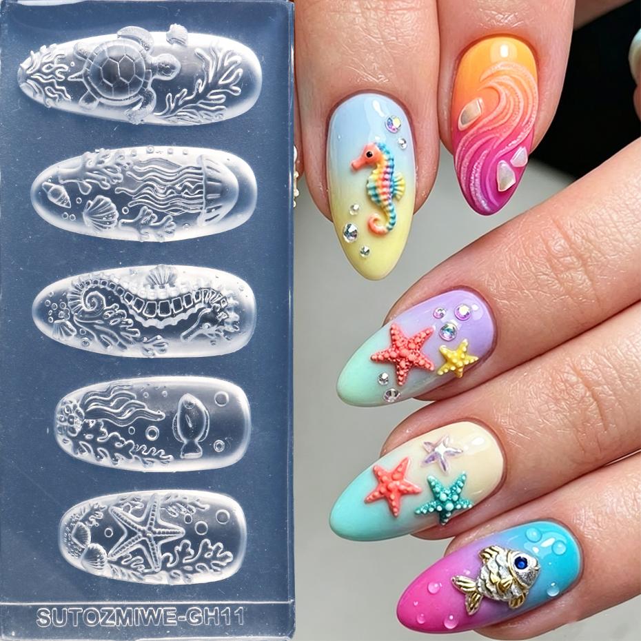 Xiaomi 3D Ocean Style Silicone Nail Art Mold Starfish, Jellyfish, Turtles, Coral, Seahorses Marine Life Patterns Nail Mold Nail Tools