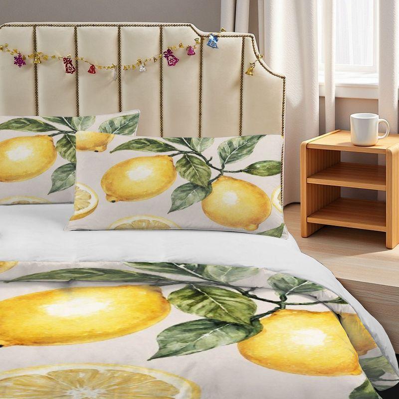 Pillowcase Quilt Cover 3-Piece Bedding Watercolor Style,Lemon Sliced Leaf Pattern,Washable,Durable