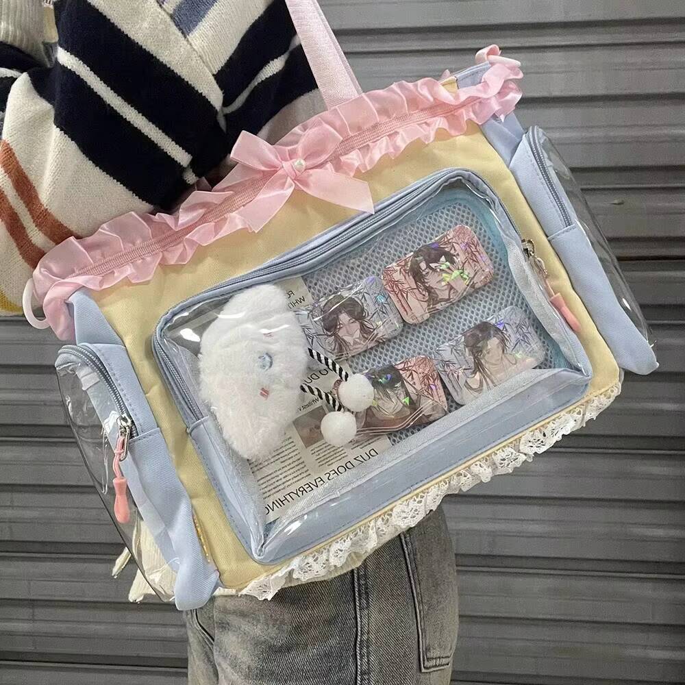 New Y2K Cute Lace Bow Ita Shoulder Bag Sweet Girl Transparent Pocket Women Large Capacity Tote Bag DIY Display Crossbody Handbag