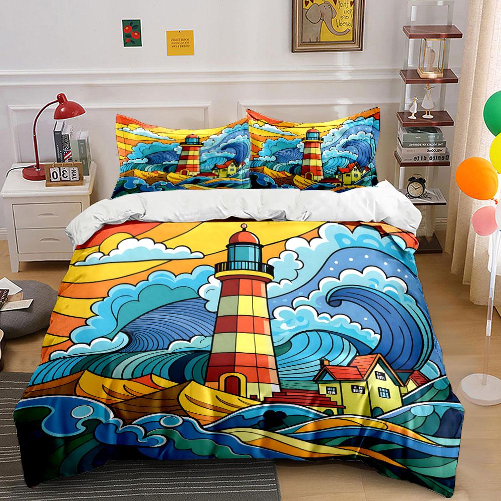 Lighthouse Themed Wall Art Set Multiple Sizes Kid'S And Adults' Bedroom Exquisite 3Pc Bedding Set, Gift