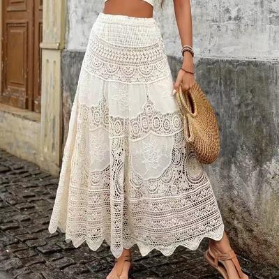 DIMANAF 2025 New Holiday Skirt Women Knitting Lace Solid Hollow Out Sexy Hollow Summer Style Loose Basic Dress