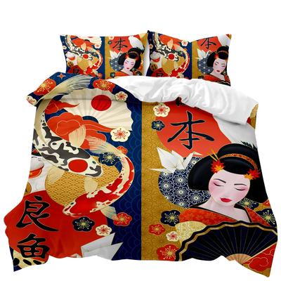 Juego de funda nórdica con elementos japoneses, temática de cultura japonesa, juego de cama doble, tamaño queen y king, funda de edredón de poliéster