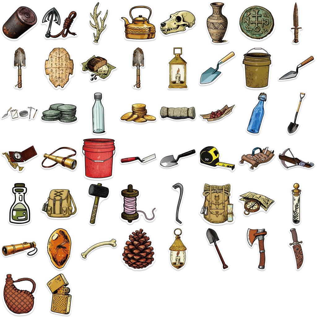 50pcs Vintage Archaeological Tools Stickers DIY Scrapbooking Journal Collage Phone Guitar Skateboard Helmet Retro Decals