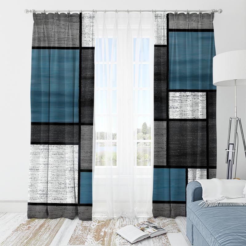 2pcs- Geometric spliced square polyester fabric curtains, bathroom, bedroom, living room, and family space decor curtains