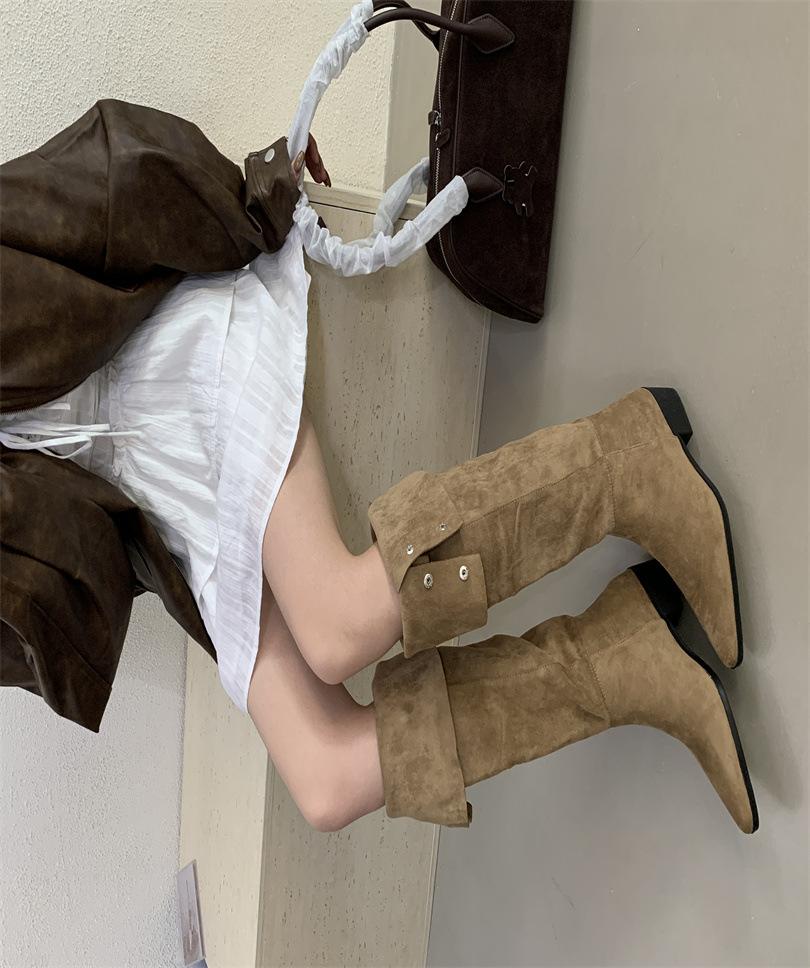 European and American style suede pointed thick heel over the knee boots women's autumn 2025 new belt buckle versatile and thin high boots