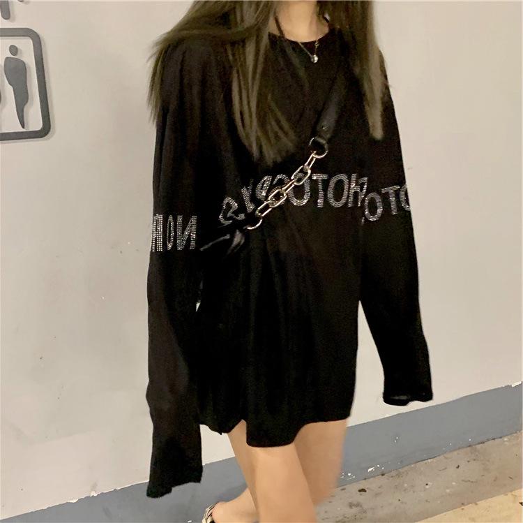 Autumn Women's Trendy Rhinestone Black Long Sleeve Loose Fit Top - Plus Size Slimming Cover-up