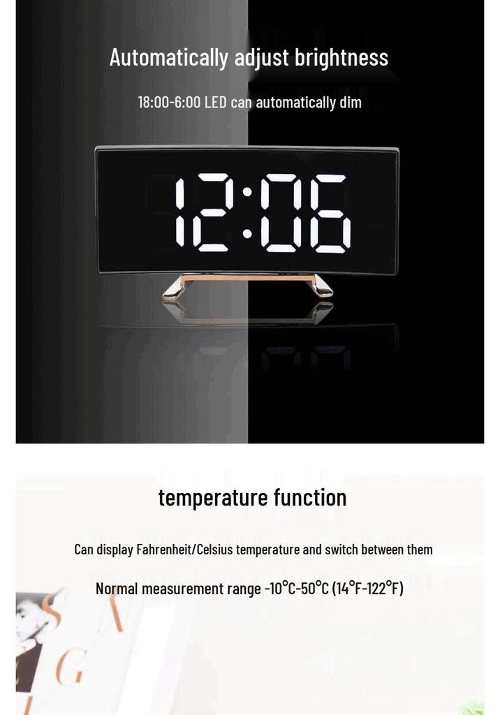 Curved LED Mirror Alarm Clock with Thermometer for Students