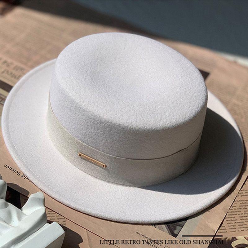 Hat Women's Autumn and Winter Retro British Hat Woolen Top Hat Wide Edge Fashion Versatile Ins Internet Celebrity Flat Top Hat