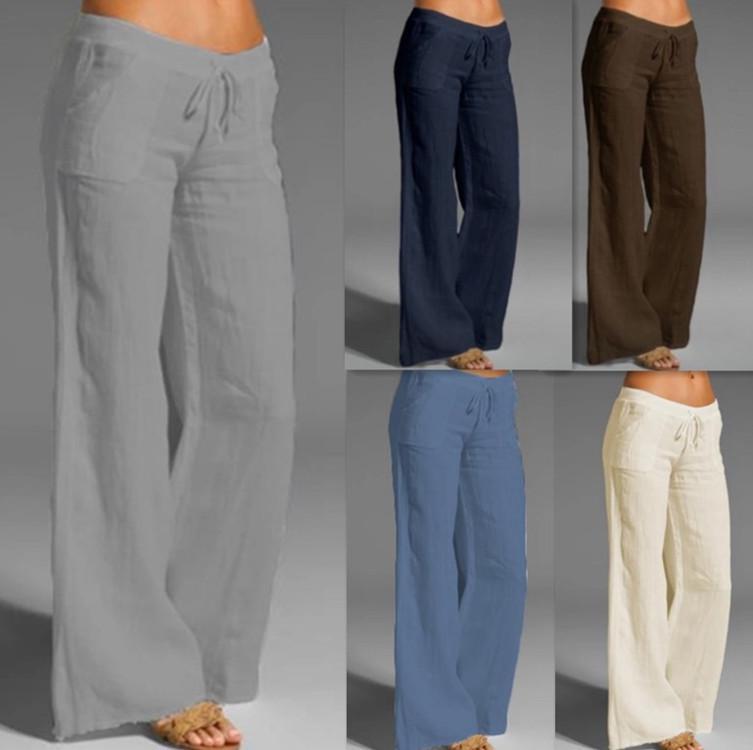 Pantalones Casuales de Algodón Lino para Mujer de Pierna Ancha con Cordón - Talla Grande, Color Sólido