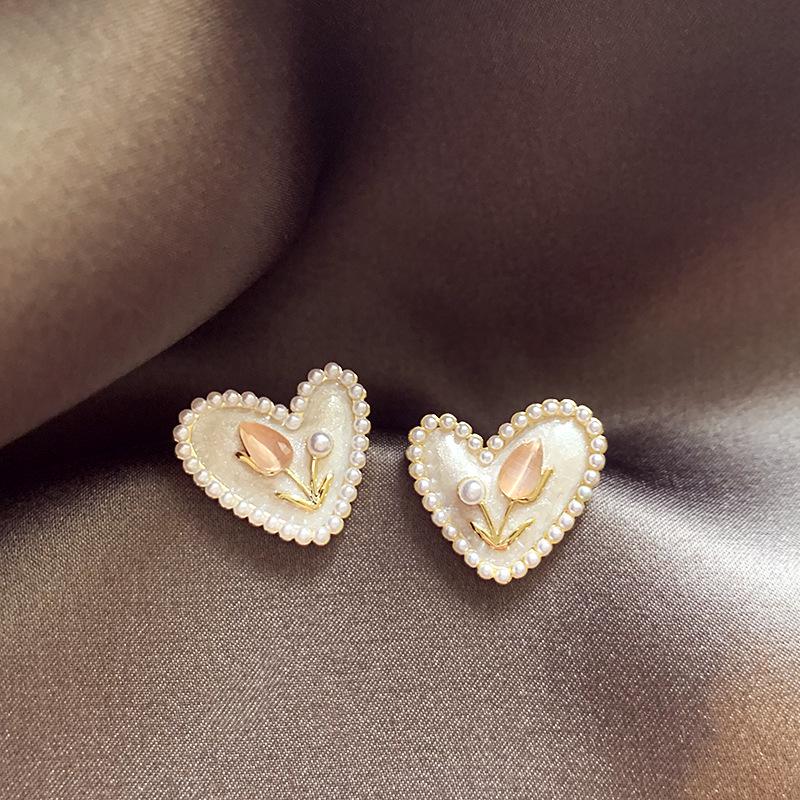 Tulip Heart Pearl Stud Earrings - Women s 925 Sterling Silver, Niche Design, 2024 Trend
