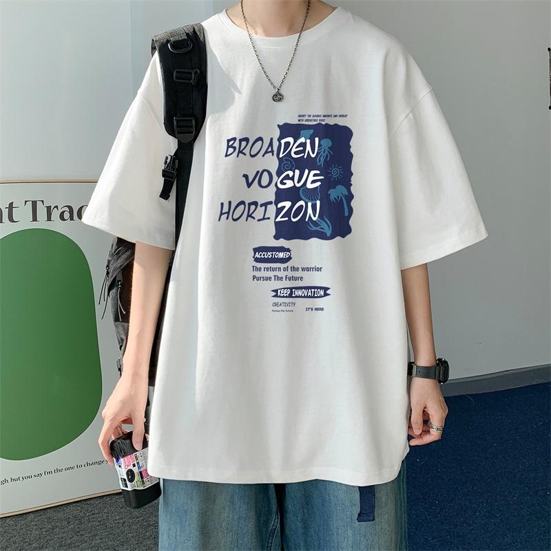 100% Cotton Printed Short Sleeve T-shirt Men's Half-sleeved Men's Fashion Brand Ins American Loose Body Shirt Men's Top