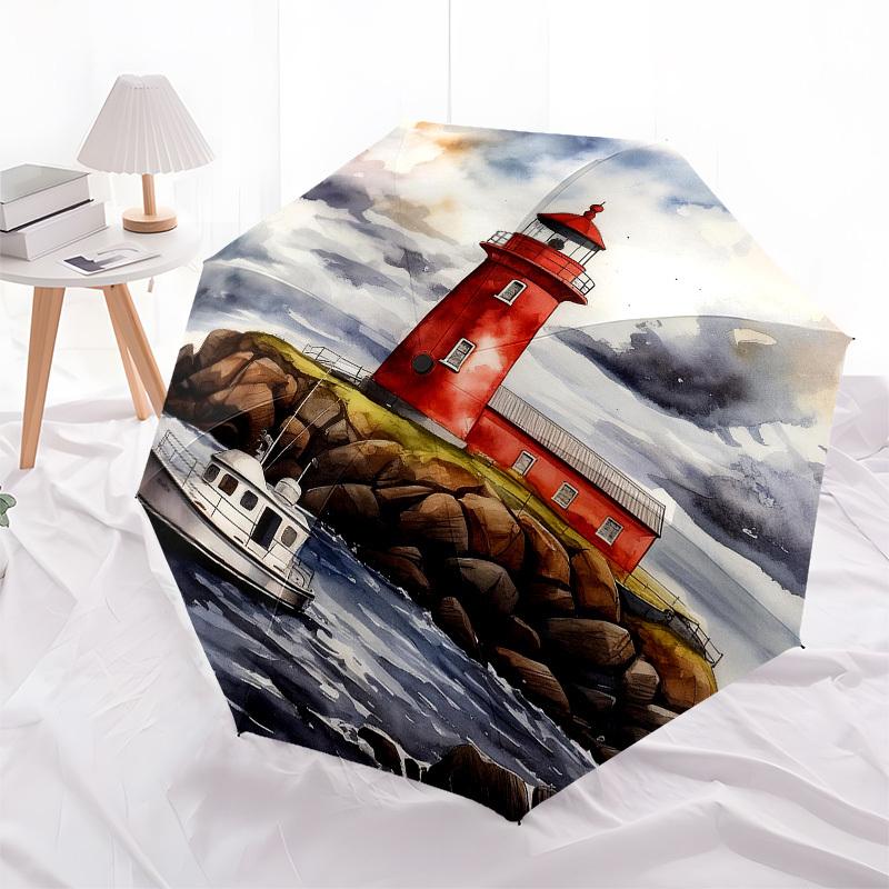 1pc Lighthouse Boat Automatic Folding Umbrella, Heavy Duty 8 Rib Iron Frame,  Suitable for Travel, Daily Use, Birthday, Decor Gift M0105111