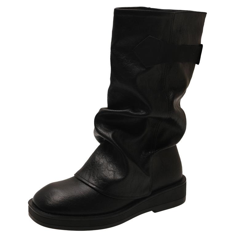 Brown boots women's autumn and winter new pleated thin stacking boots retro style thick-soled Maillard pant tube boots medium boots