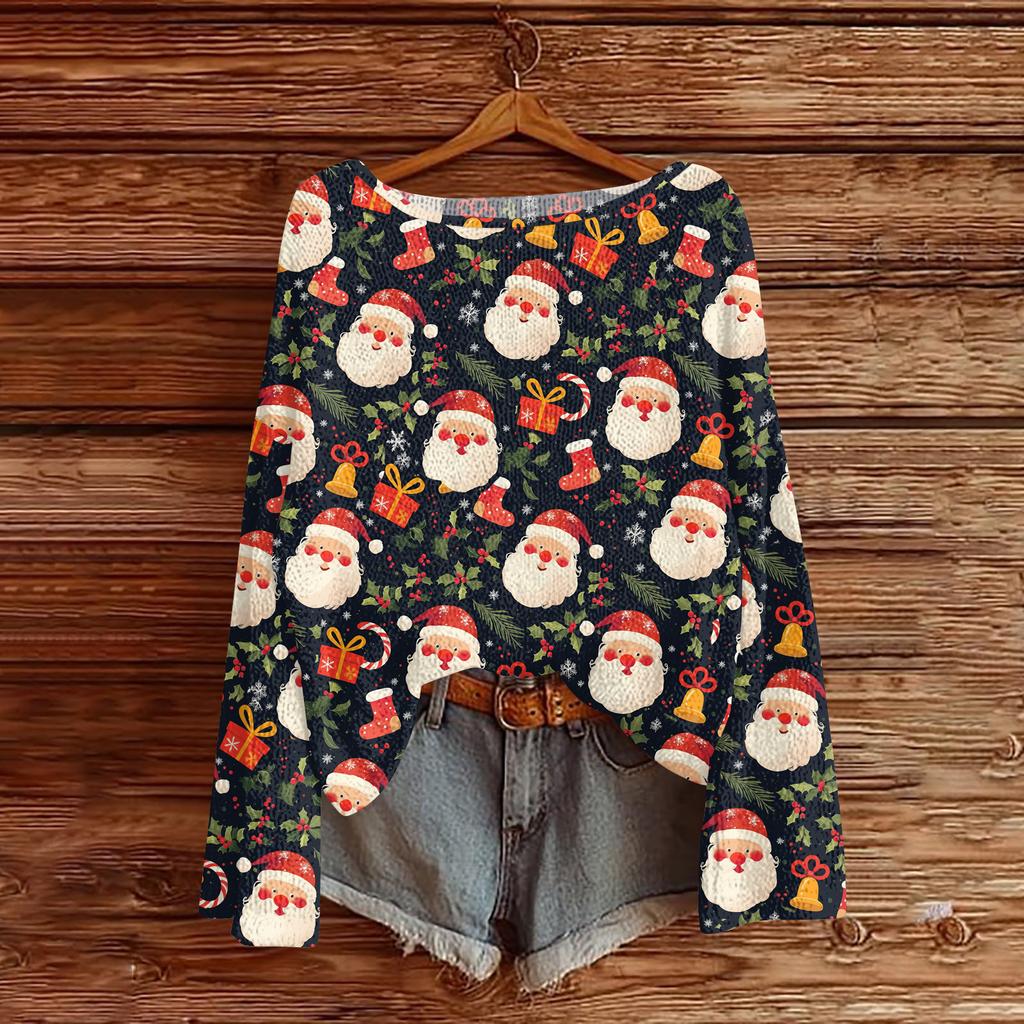 Women's Fashion Christmas Print Lightweight Sweater Casual Long-Sleeve Knit Pullover Top