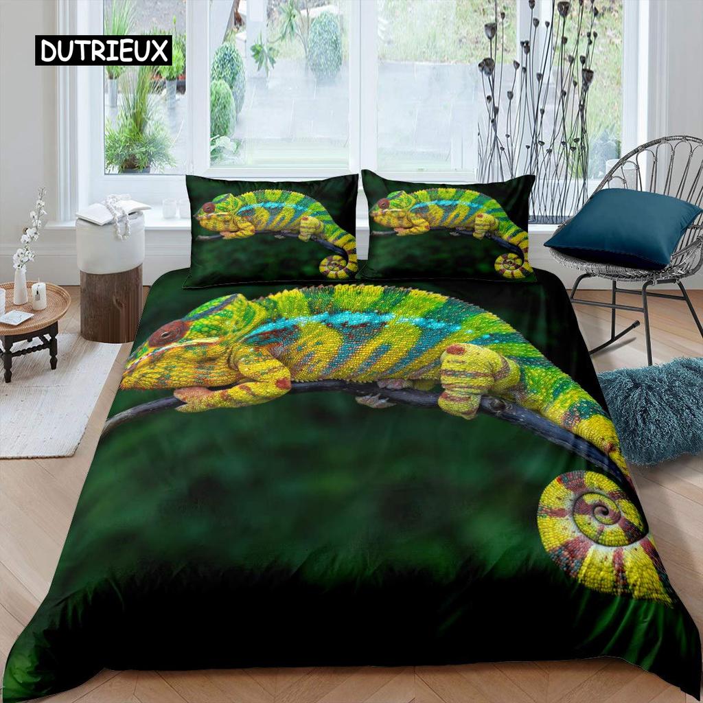 Chameleon Duvet Cover Set 3D Wild Animal Theme Twin Bedding Set Wildlife Comforter Cover Boys Green Leaf Polyester Quilt Cover