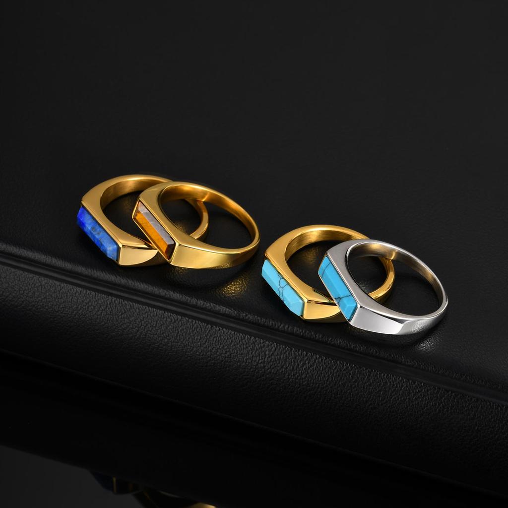 Fashion Natural Stone Signet Ring for Men Women, Gold Plated Stainless Steel Punk Ring, Unisex Finger Jewelry Gift for Him