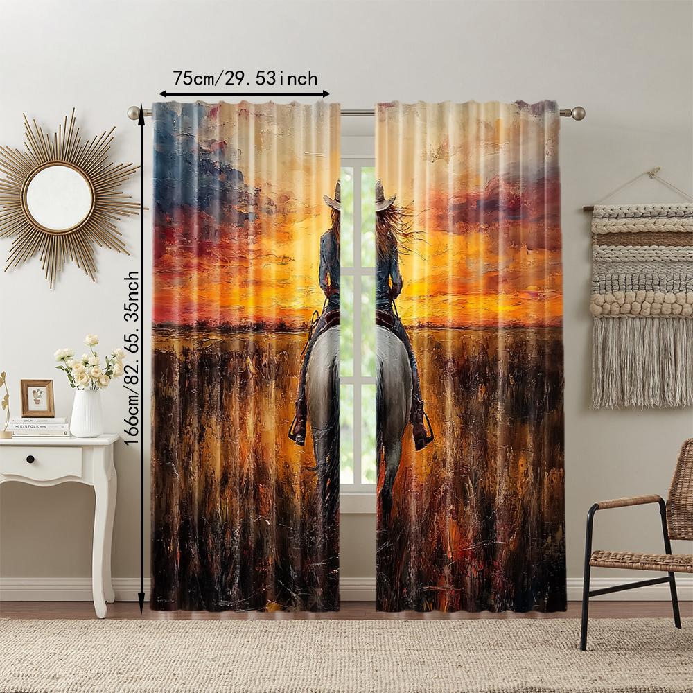 2 Pcs, Versatile Polyester Transparent Curtains for Home Decoration Western Cowgirl On Horseback for Use In Bedrooms and Living