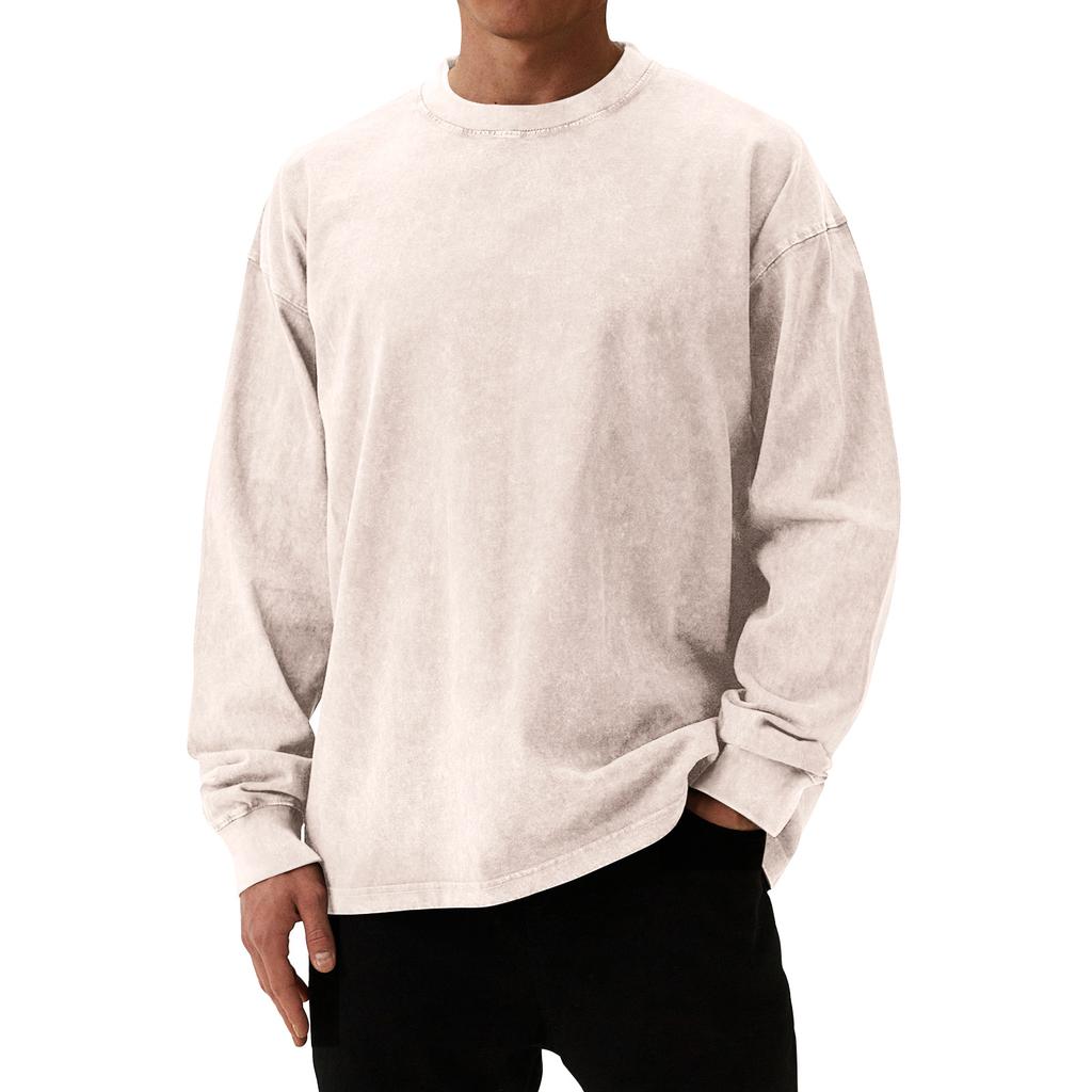 Men's Solid Color Washed Long Sleeve Round Neck Tops Men's Casual Fashion Tops