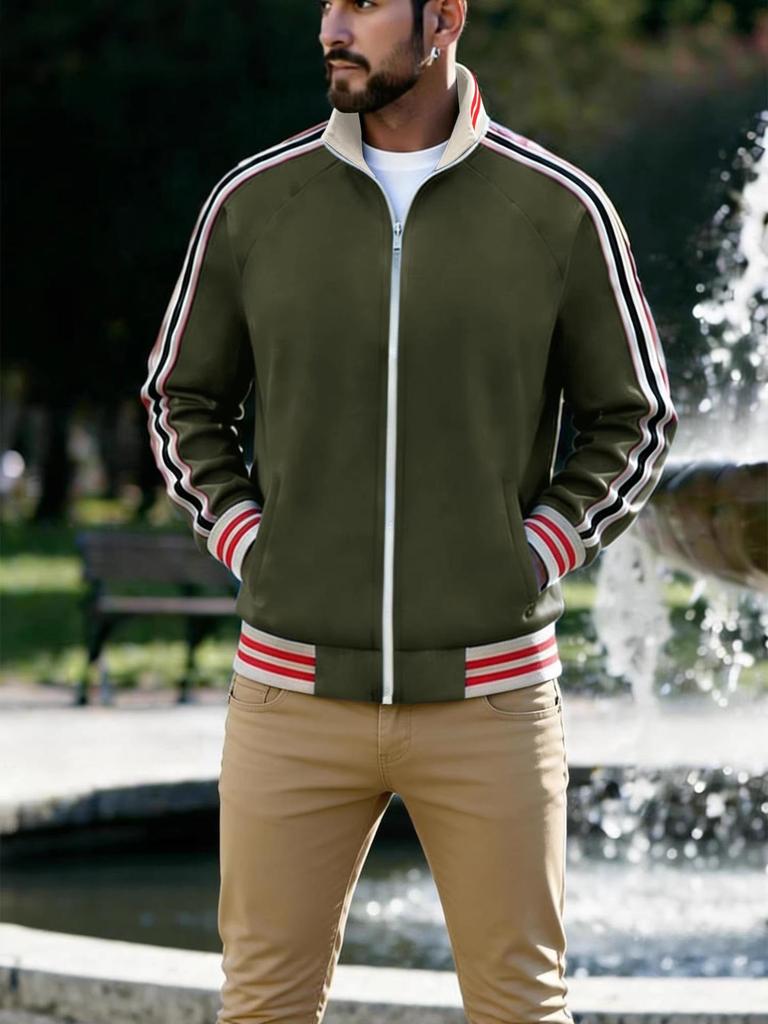 Męska codzienna sportowa kurtka z kołnierzem stojącym i wstążką - Kolekcja Jesień/Zima