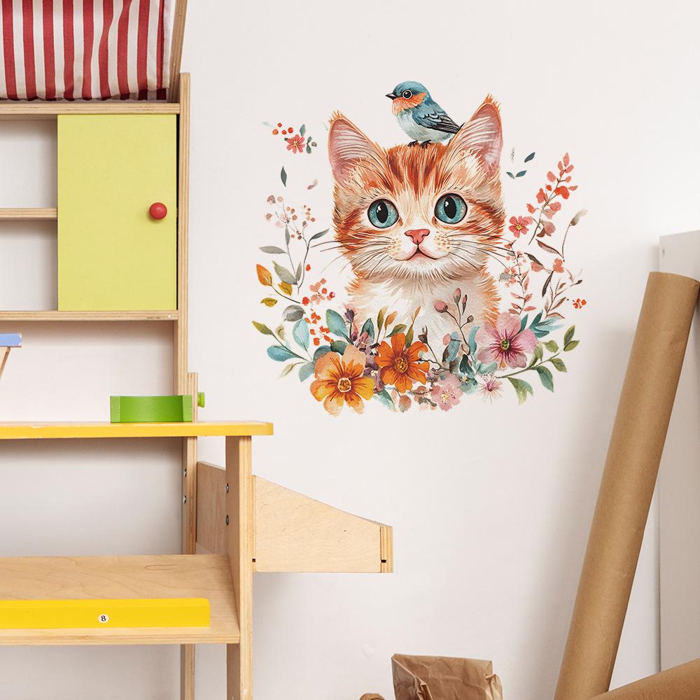 Self Adhesive Wall Stickers with Cute Cat Flowers and Birds Peel and Stick Removable Vinyl Decals for Home Decor