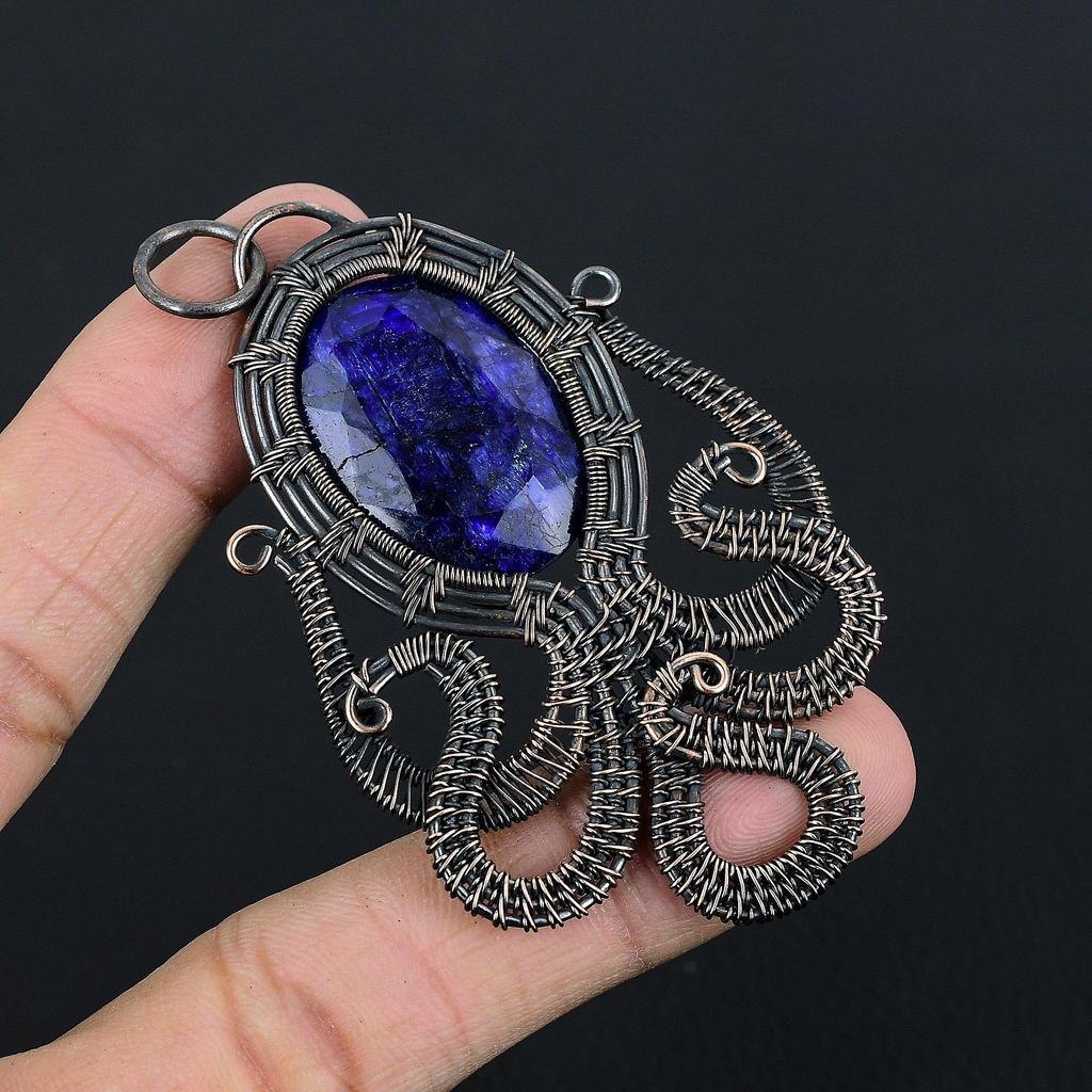 Blue Sapphire Pendant, Handmade Gemstone Pendant, 999 Copper Wire Wrapped Pendant Antique Jewelry, For Engagement Gift