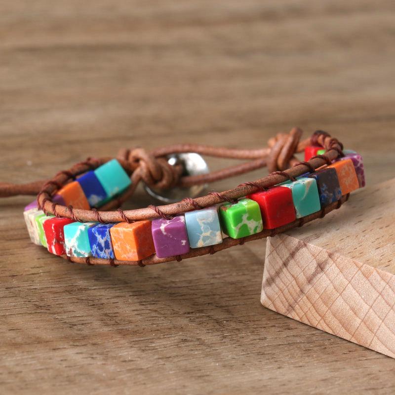 Rainbow Chakra Square Bead Wrap Bracelet – Leather Boho Jewelry, Balance Joy Gift for Men & Women