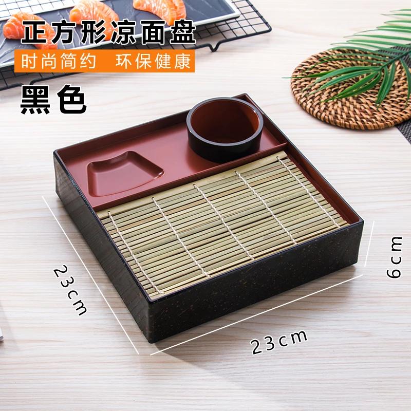 Japanese Style Cold Noodle Dish Paired with Bamboo Mat Plate and Japanese and Korean Tableware