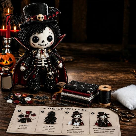 Step-by-step Sewing Tutorial Skeleton Witch Patchwork Kit, Gothic Girl Doll DIY Stuffing Cotton Included Kit Halloween for Adults Teens Handmade Gift