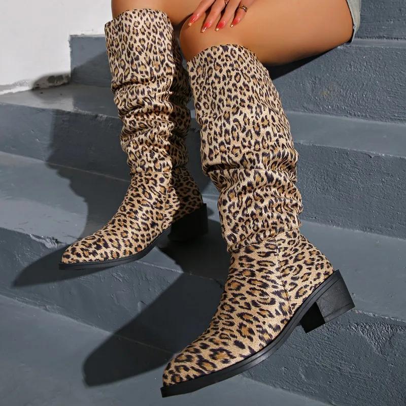 Fashion Autumn/winter New Pointed Pleated Pu Knight Boots for Women Shoe Retro Square Heeled Knee High Western Cowboy Boot Leopard Print