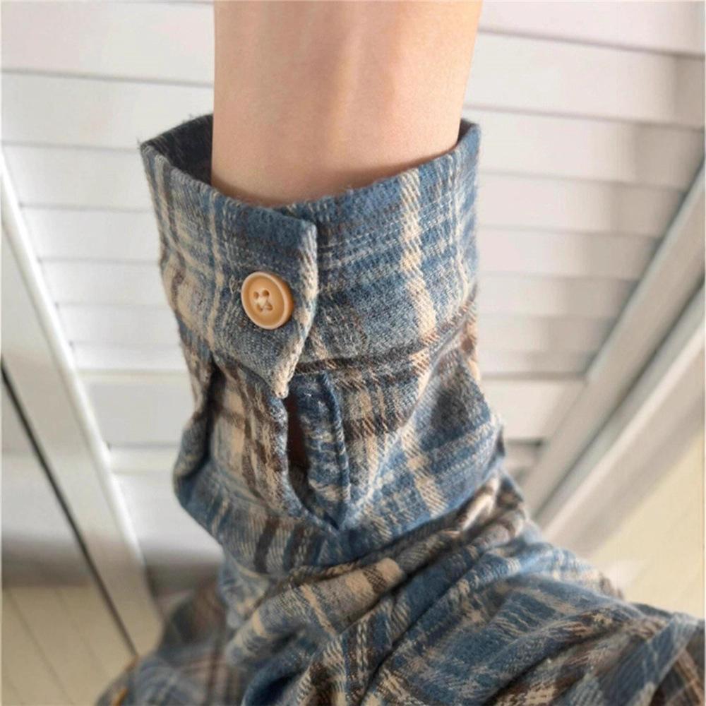 2025 Women's Retro Blue Plaid Shirt Jacket - Loose Fit, Long Sleeve for Spring & Autumn