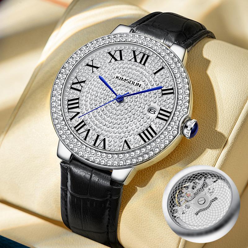 

KIMSDUN Мужские часы Элегантные Роскошные Полностью Бриллиантовые Кварцевые Часы для Мужчин Водонепроницаемые Серебристые Мужские Наручные Часы leather серебряный