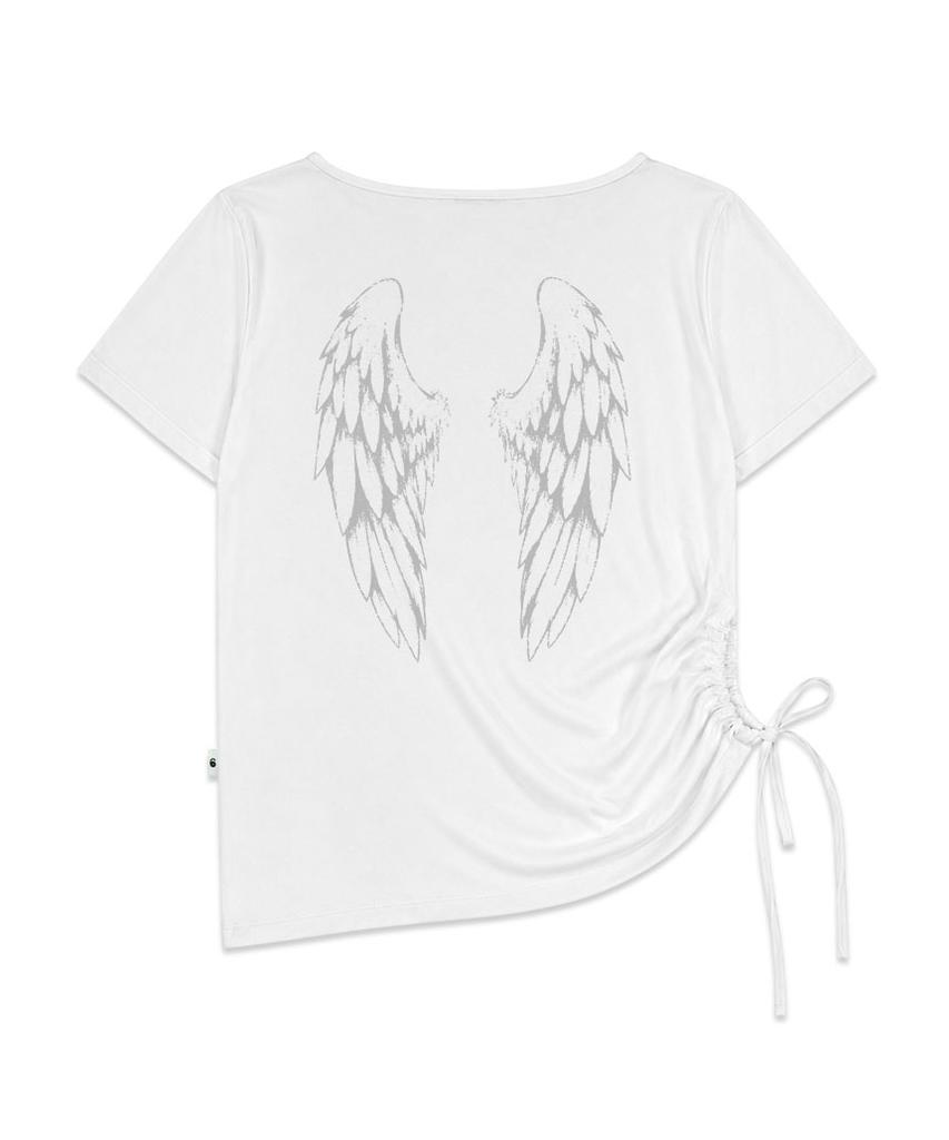 ESCAPEFROM [Escf X Hot Today] Cross Angel Print Side Shirring Detail Loose Fit One-Shoulder Short Sleeve T-Shirt White