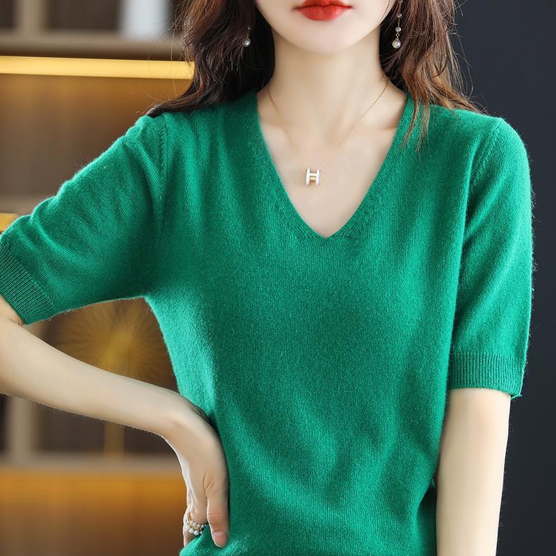 Spring Summer Women Sweater Tshirts V-neck Short Sleeve Top Fashion Pullovers Solid Bottoming Shirt Jumper