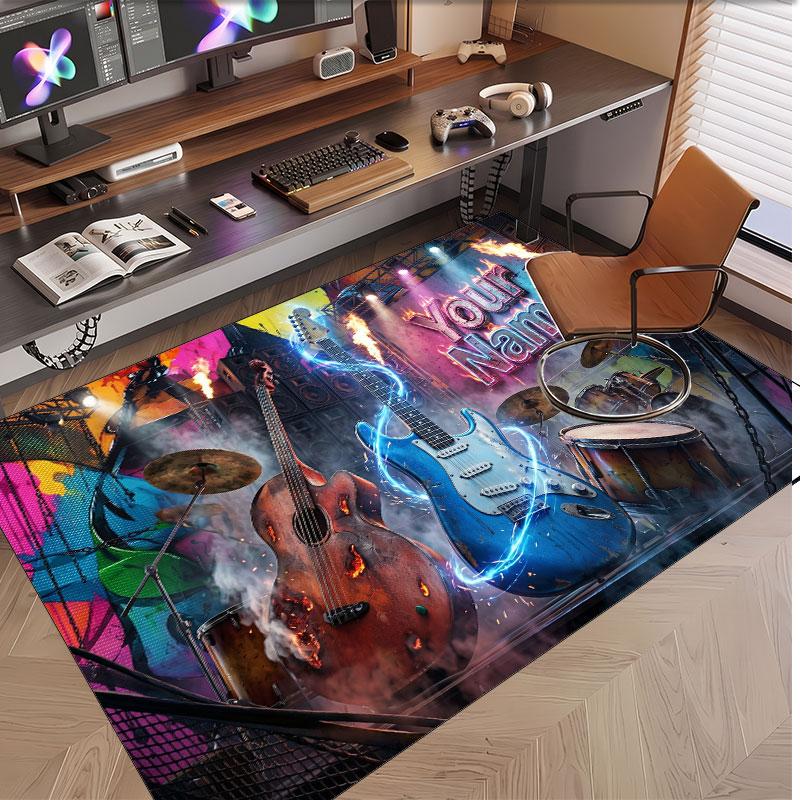 Music Guitar Theme Soft Crystal Velvet Rug Custom Name & Text Print Non Slip Floor Rug for Bedroom Living Room