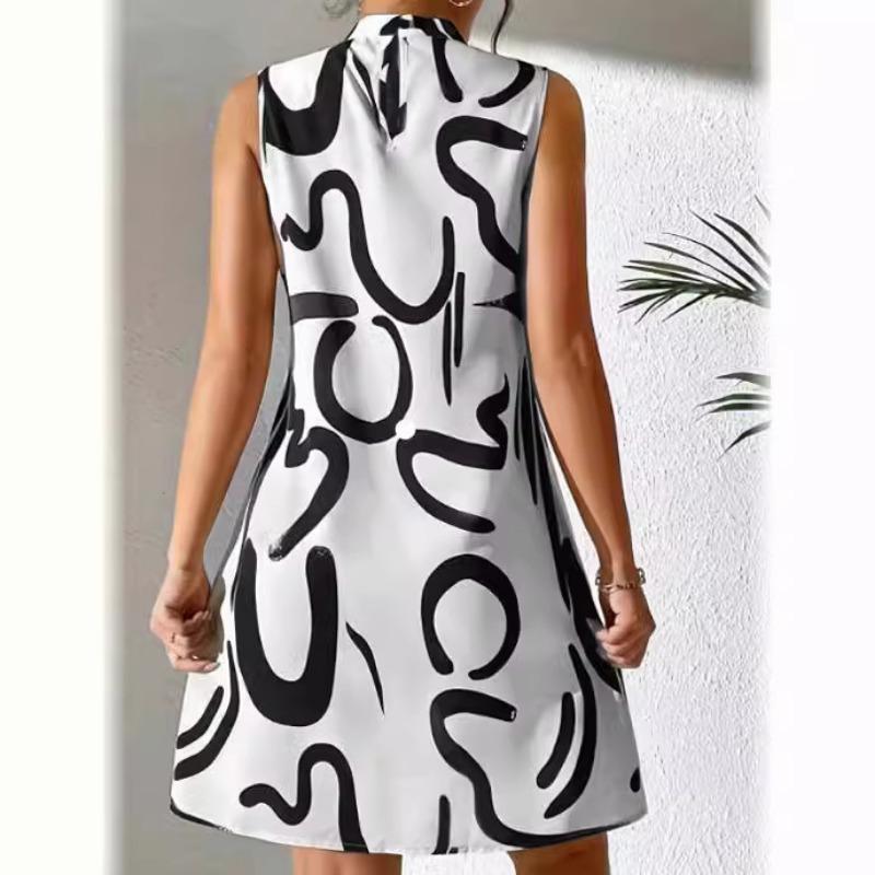 Fashion Printed Round Neck Women's Casual Dress Plus Size Summer Sleeveless Short Dress Woman Vintage Elegant Loose A Line Dresses Lady 24404