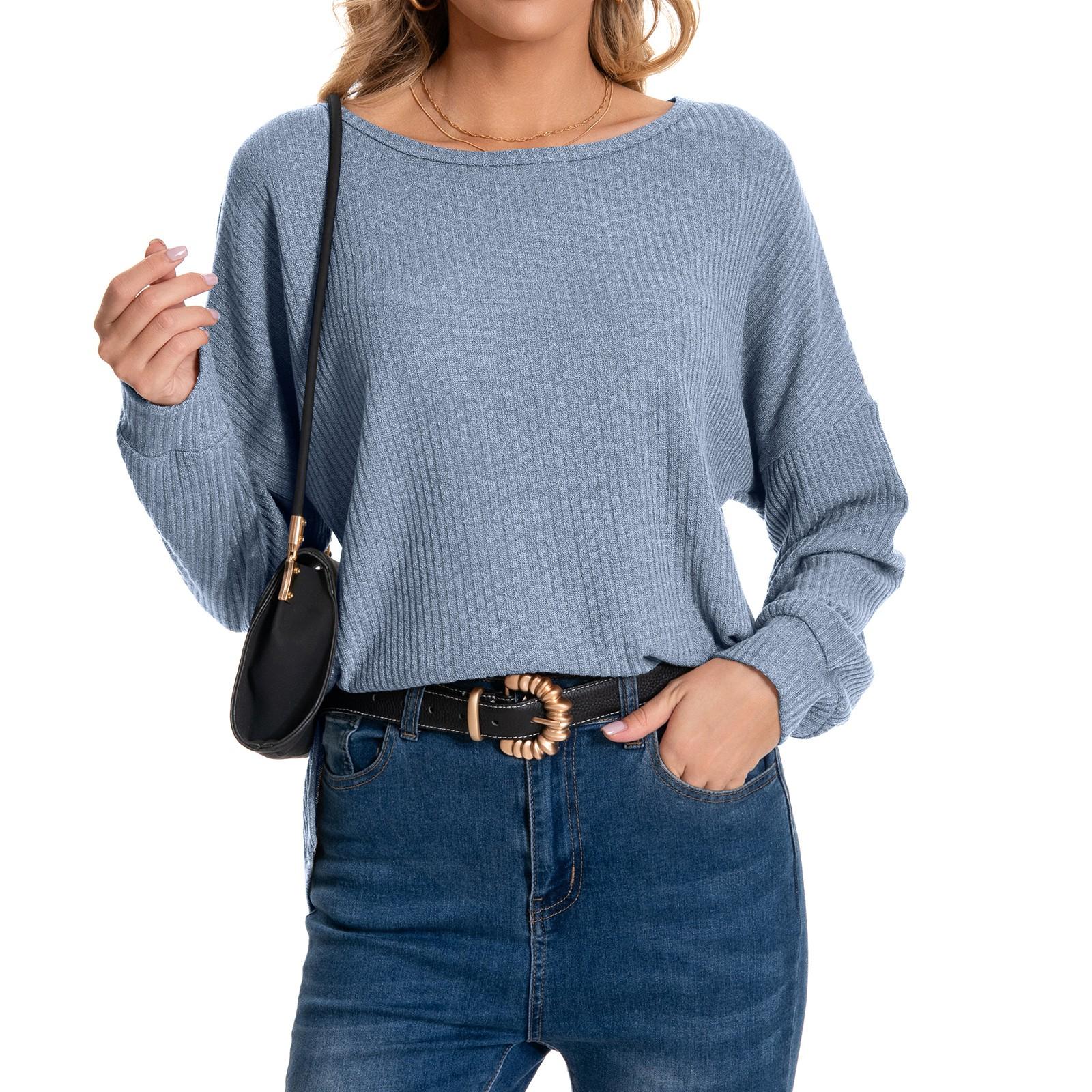 

Жіночий модний повсякденний однотонний вільний топ з круглим вирізом і довгими рукавами XL