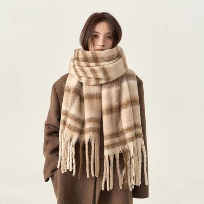 Korean Style Plaid Tassel Mohair Scarf For Women Winter Japanese Style Student Versatile Fashion Couple Beige Neck Warmer Casual