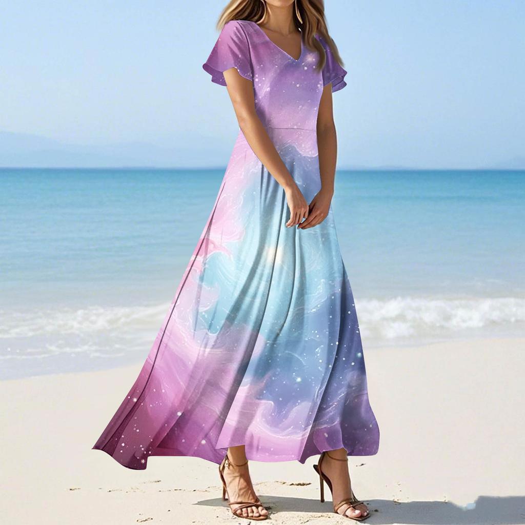 Women's Summer Casual Fashion -Print V-Neck Short-Sleeve Patchwork Dress