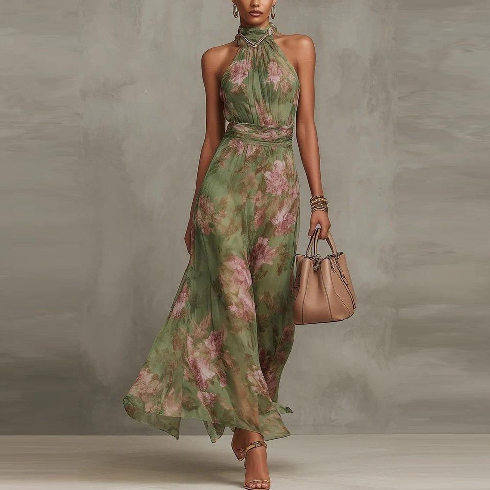 Damen Halter Ärmellos Floral Print Maxikleid Hohe Taille Wickel Taille Chiffon Fließend Urlaubs Langkleid M grün